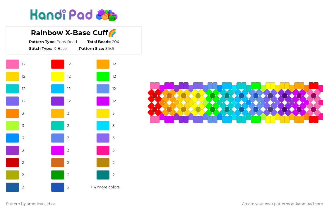 Rainbow X-Base Cuff🌈 - Pony Bead Pattern by american_idiot on Kandi Pad - bracelet,accessory,cuff,colorful,pride,orange,green,blue,rainbow,neon,x base,xbase,color,vibrant