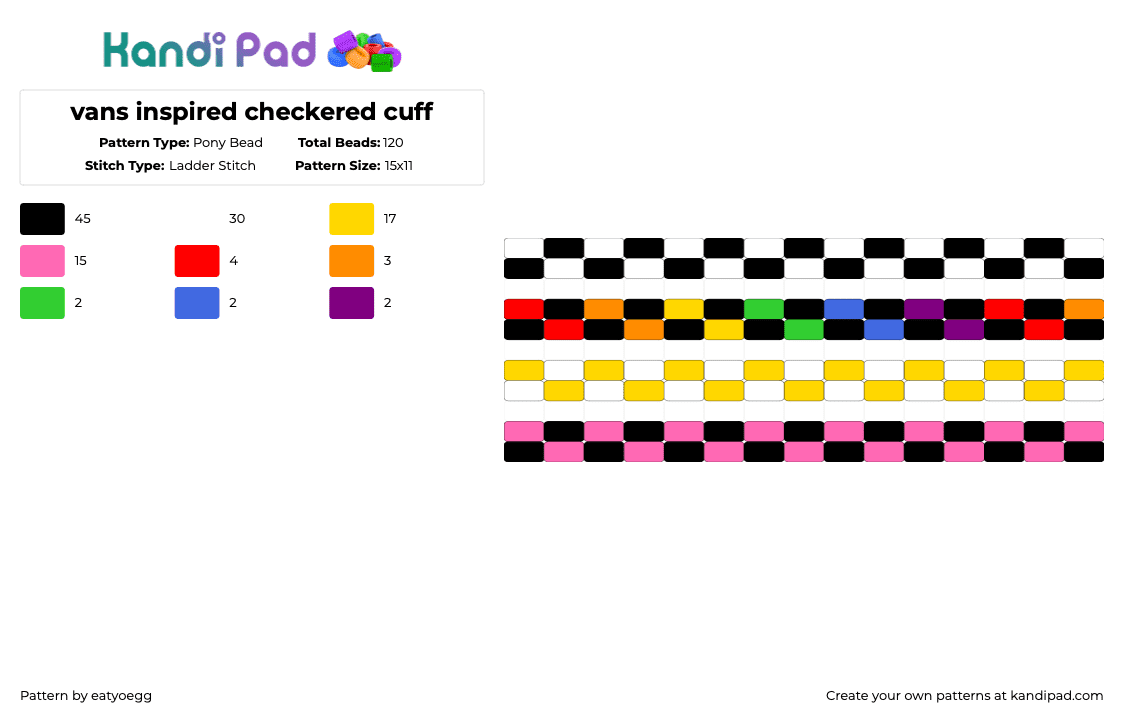 vans inspired checkered cuff - Pony Bead Pattern by eatyoegg on Kandi Pad - white,yellow,pink,vans,warped tour,checked