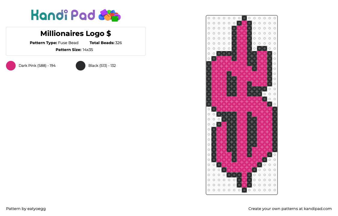 Millionaires Logo $ - Fuse Bead Pattern by eatyoegg on Kandi Pad - black,pink,millionaires,warped tour,millionaires logo,dollar sign,money,cash,vans