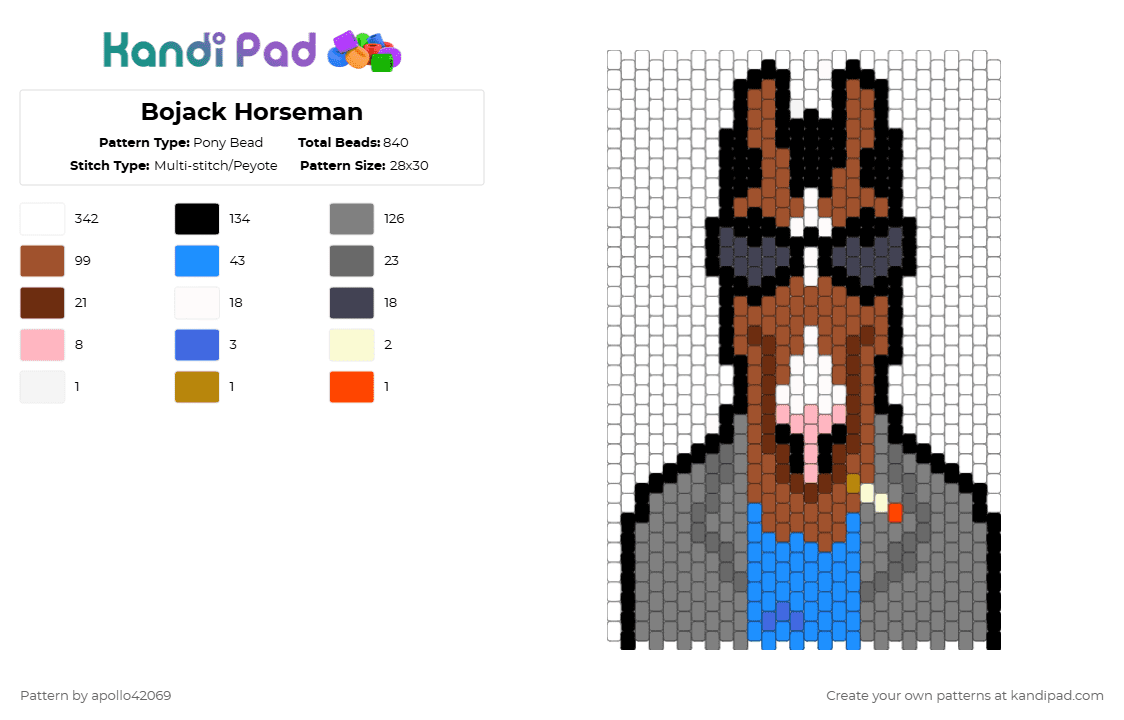 Bojack Horseman - Pony Bead Pattern by apollo42069 on Kandi Pad - bojack, gray, light blue, red, white