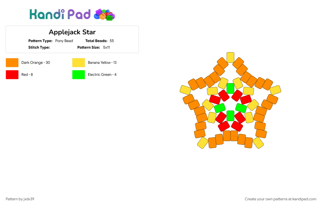 Applejack Star - Pony Bead Pattern by jxdx39 on Kandi Pad - orange, yellow