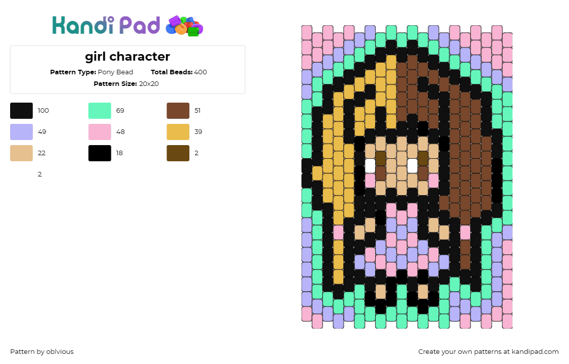 girl character - Pony Bead Pattern by oblvious on Kandi Pad - girl,female,character,playful,pastel,warm,friendly,approachable,brown