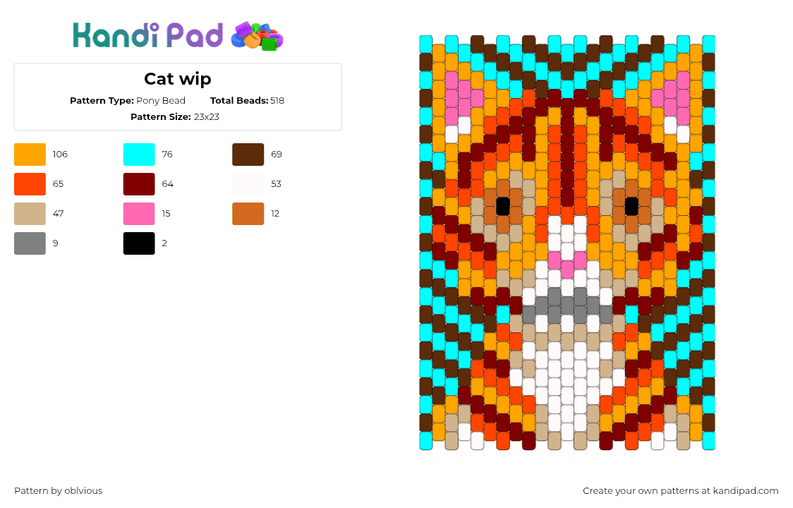 Cat wip - Pony Bead Pattern by oblvious on Kandi Pad - cat,animal,panel,stripes,abstract,orange,teal