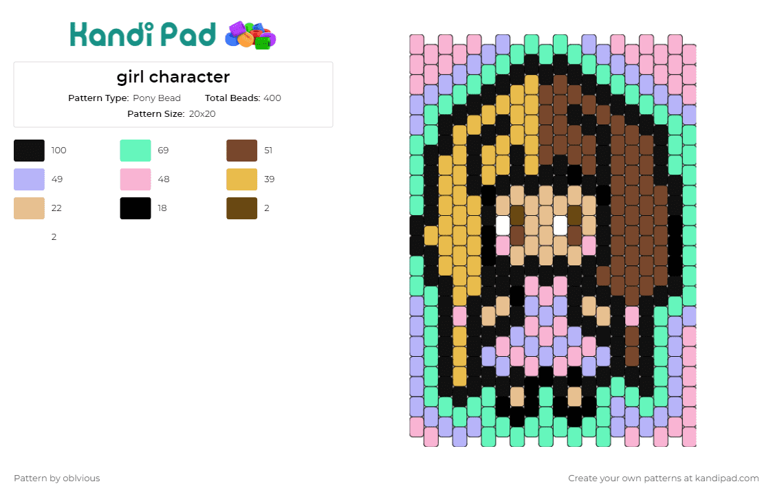 girl character - Pony Bead Pattern by oblvious on Kandi Pad - girl,female,character,playful,pastel,warm,friendly,approachable,brown