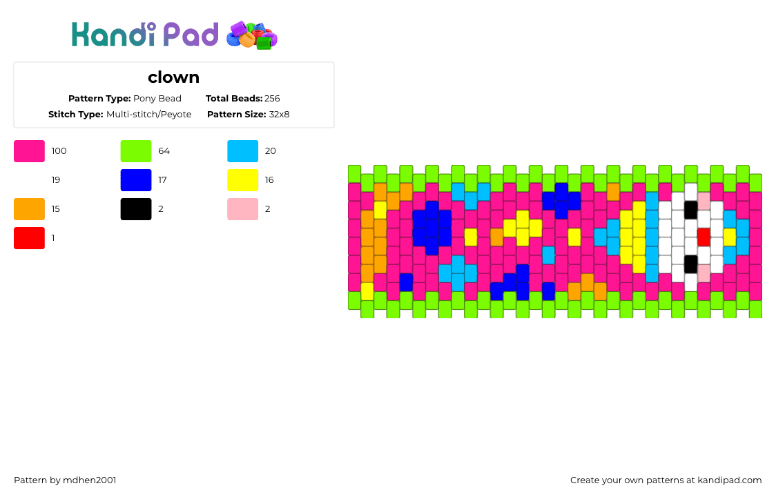 clown - Pony Bead Pattern by mdhen2001 on Kandi Pad - green, pink