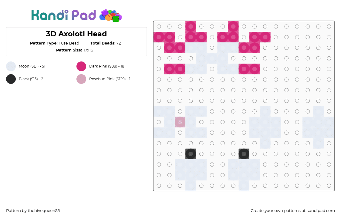 3D Axolotl Head - Fuse Bead Pattern by thehivequeen55 on Kandi Pad - white,pink,3d,axolotl,axolotl head,3d axolotl,perler bead,minecraft,minecraft axolotl,pixel