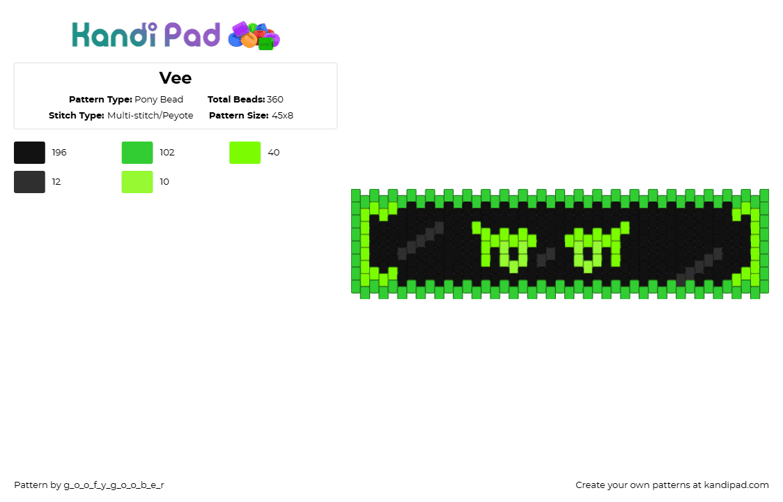 Vee - Pony Bead Pattern by g_o_o_f_y_g_o_o_b_e_r on Kandi Pad - black,green,vee,dandys world