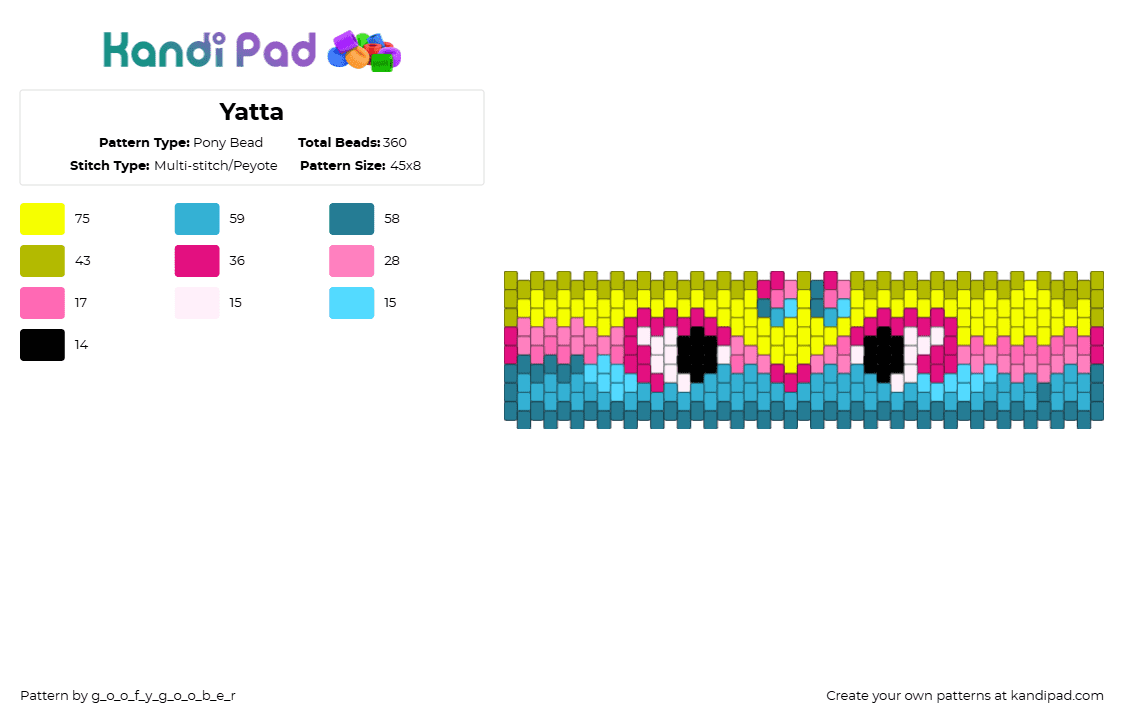 Yatta - Pony Bead Pattern by g_o_o_f_y_g_o_o_b_e_r on Kandi Pad - pink,light blue,yellow,yatta,dandysworld