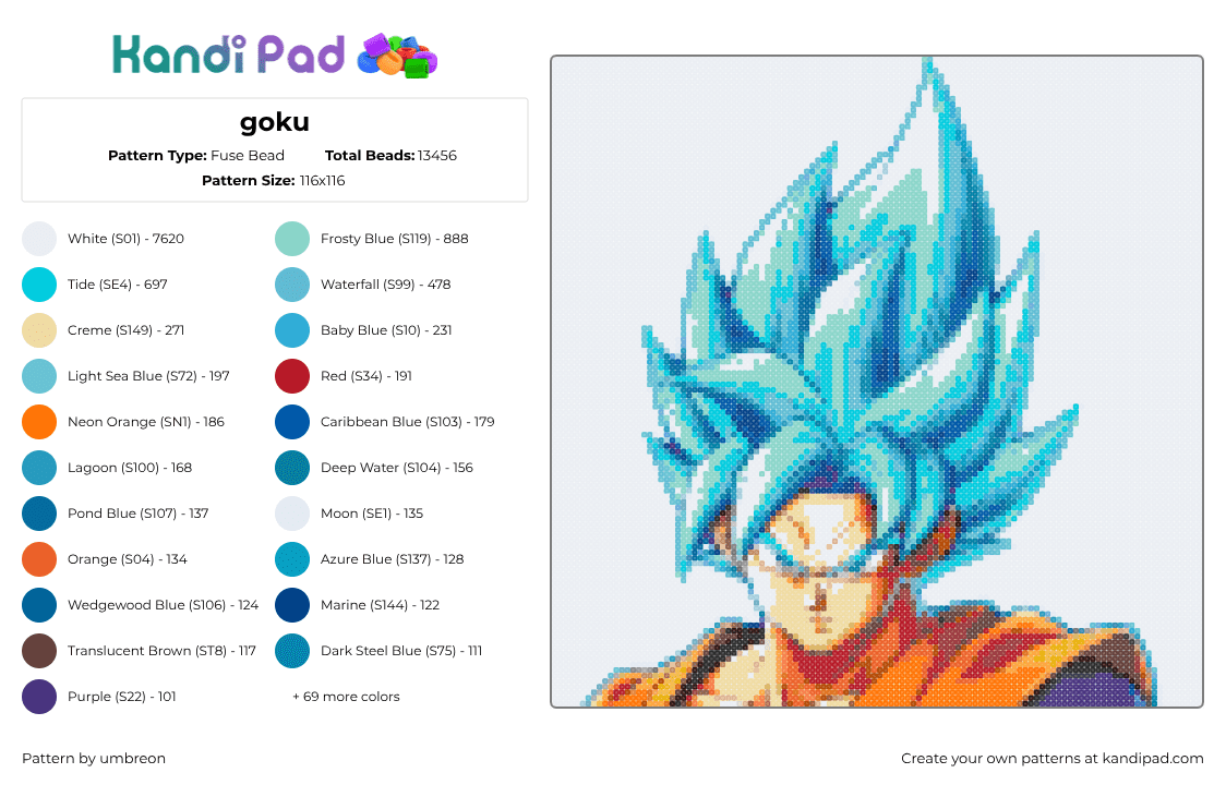 goku - Fuse Bead Pattern by umbreon on Kandi Pad - blue, light blue, orange, white