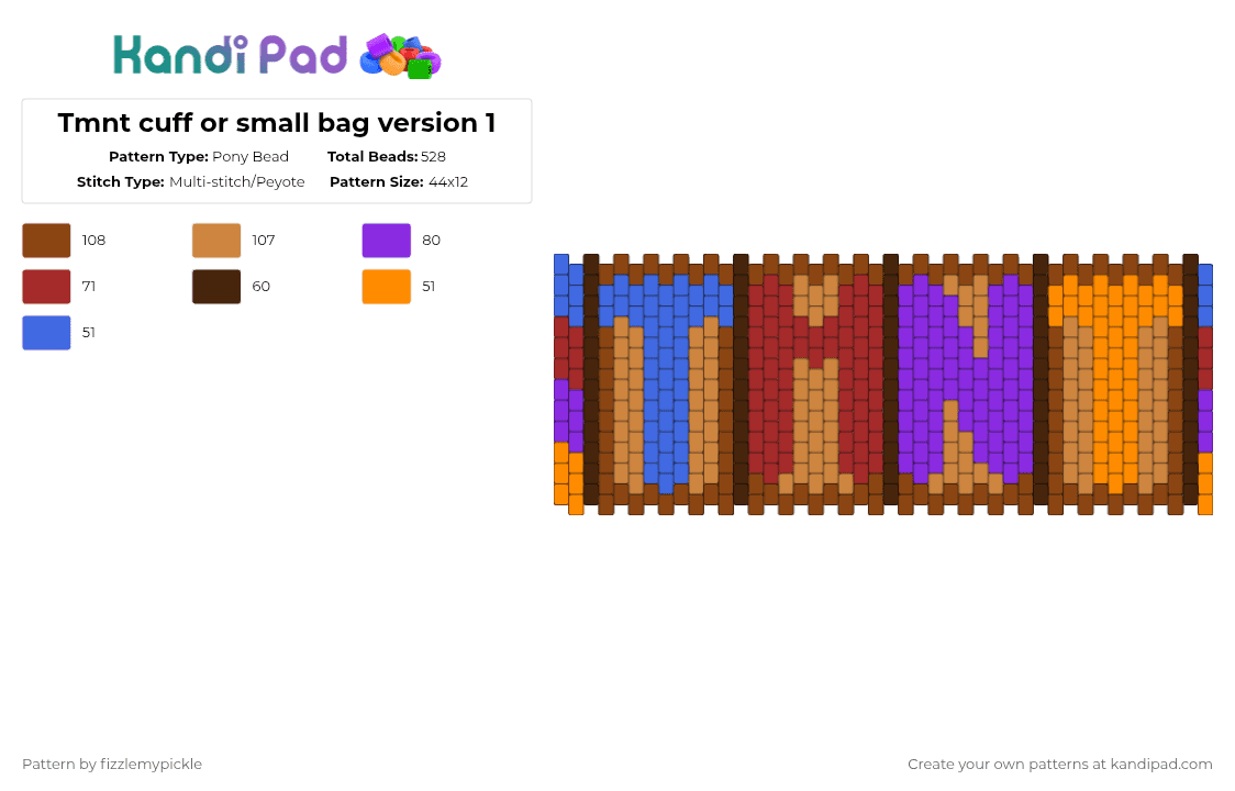 Tmnt cuff or small bag version 2 - Pony Bead Pattern by fizzlemypickle on Kandi Pad - orange,red