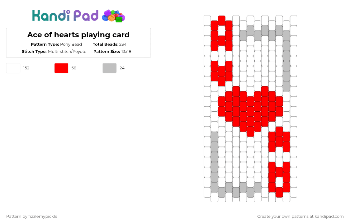 Ace of hearts playing card - Pony Bead Pattern by fizzlemypickle on Kandi Pad - white,red,beige