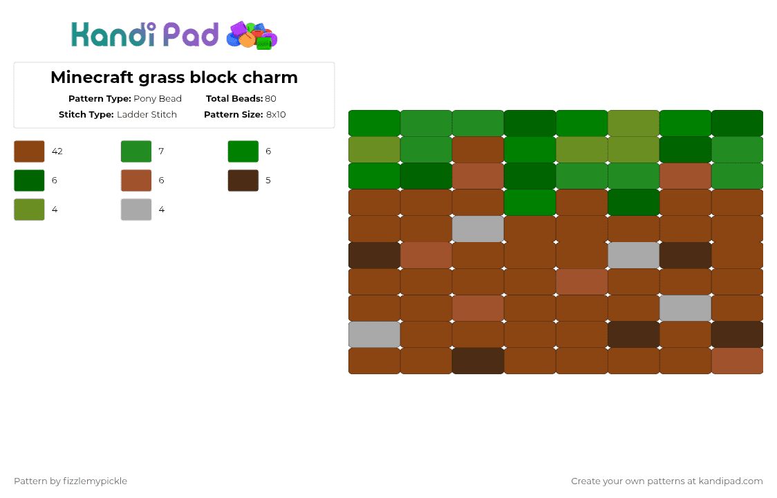 Minecraft grass block charm - Pony Bead Pattern by fizzlemypickle on Kandi Pad - green,red