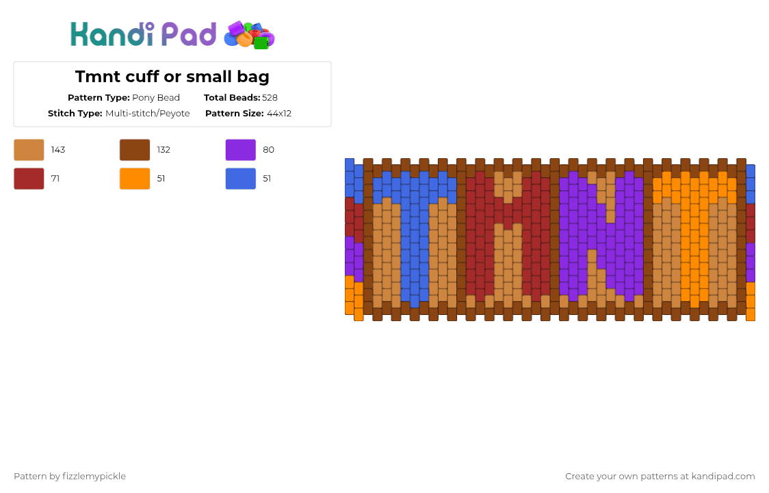 Tmnt cuff or small bag version 1 - Pony Bead Pattern by fizzlemypickle on Kandi Pad - orange,red