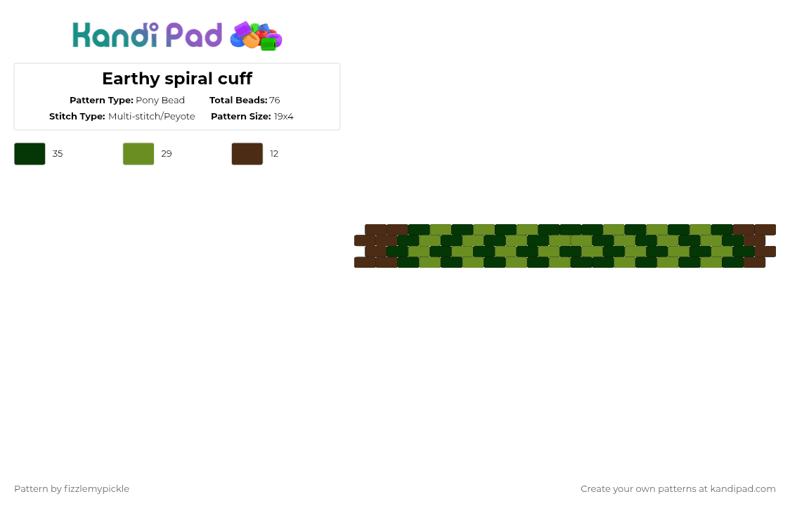 Earthy spiral cuff - Pony Bead Pattern by fizzlemypickle on Kandi Pad - brown,green
