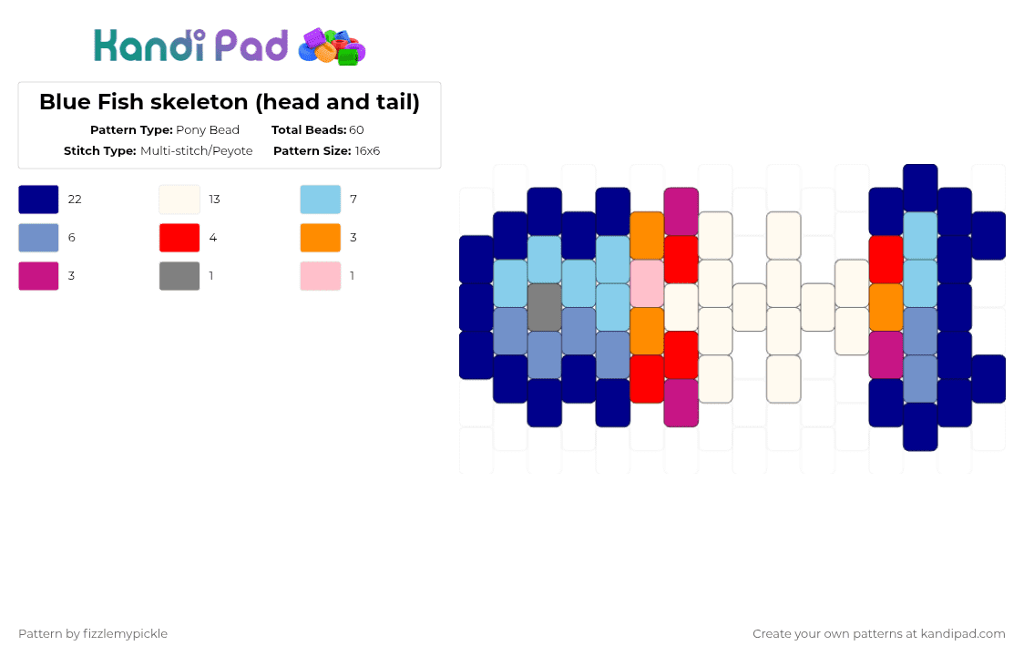 Blue Fish skeleton (head and tail) - Pony Bead Pattern by fizzlemypickle on Kandi Pad - purple,light blue