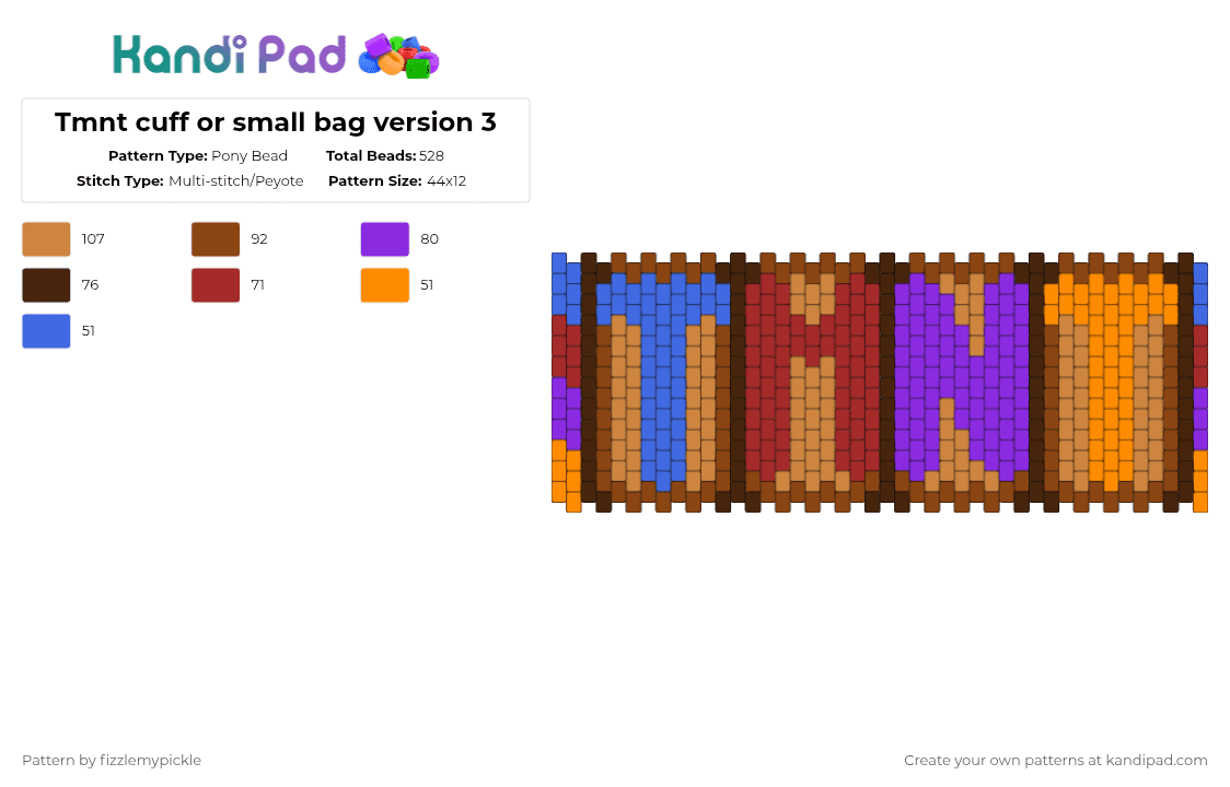 Tmnt cuff or small bag version 3 - Pony Bead Pattern by fizzlemypickle on Kandi Pad - orange,red