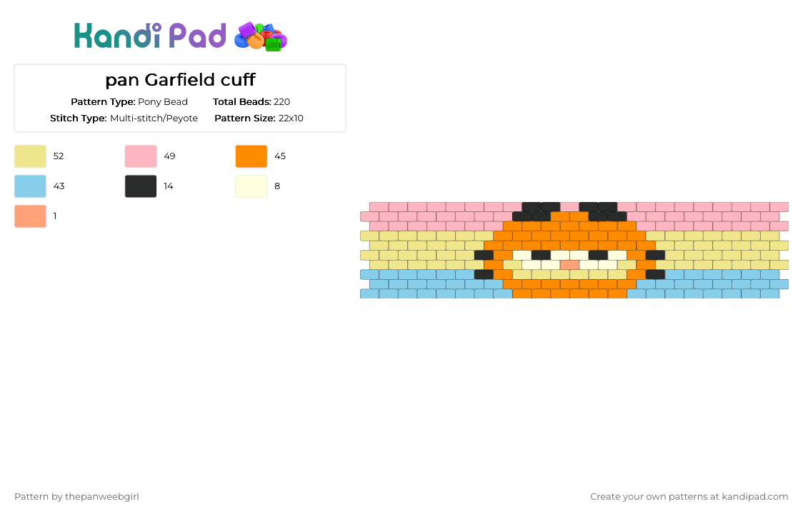pan Garfield cuff - Pony Bead Pattern by thepanweebgirl on Kandi Pad - yellow,pink