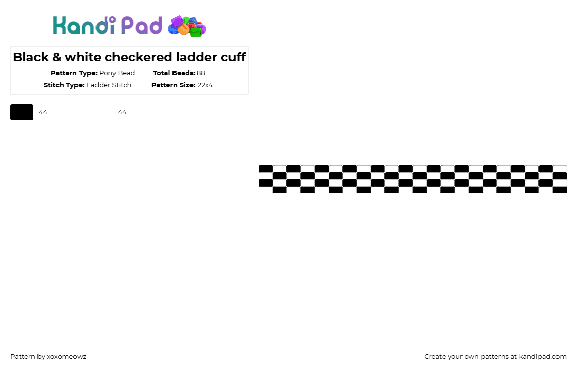 Black & white checkered ladder cuff - Pony Bead Pattern by xoxomeowz on Kandi Pad - black,white,checkered,black and white,cuff,small cuff,easy,ladder,ladder cuf,checkered cuff
