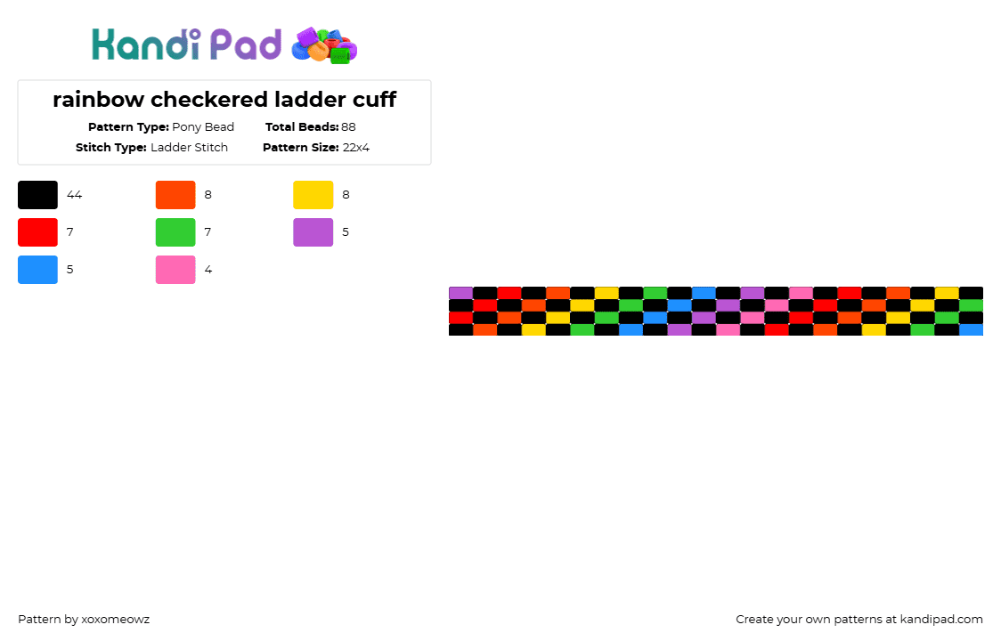 rainbow checkered ladder cuff - Pony Bead Pattern by xoxomeowz on Kandi Pad - black,pink,red,rainbow,checkered,rainbow checkered,ladder,ladder cuff,rainbow checkered cuff,rainbow cuff,checkered cuff