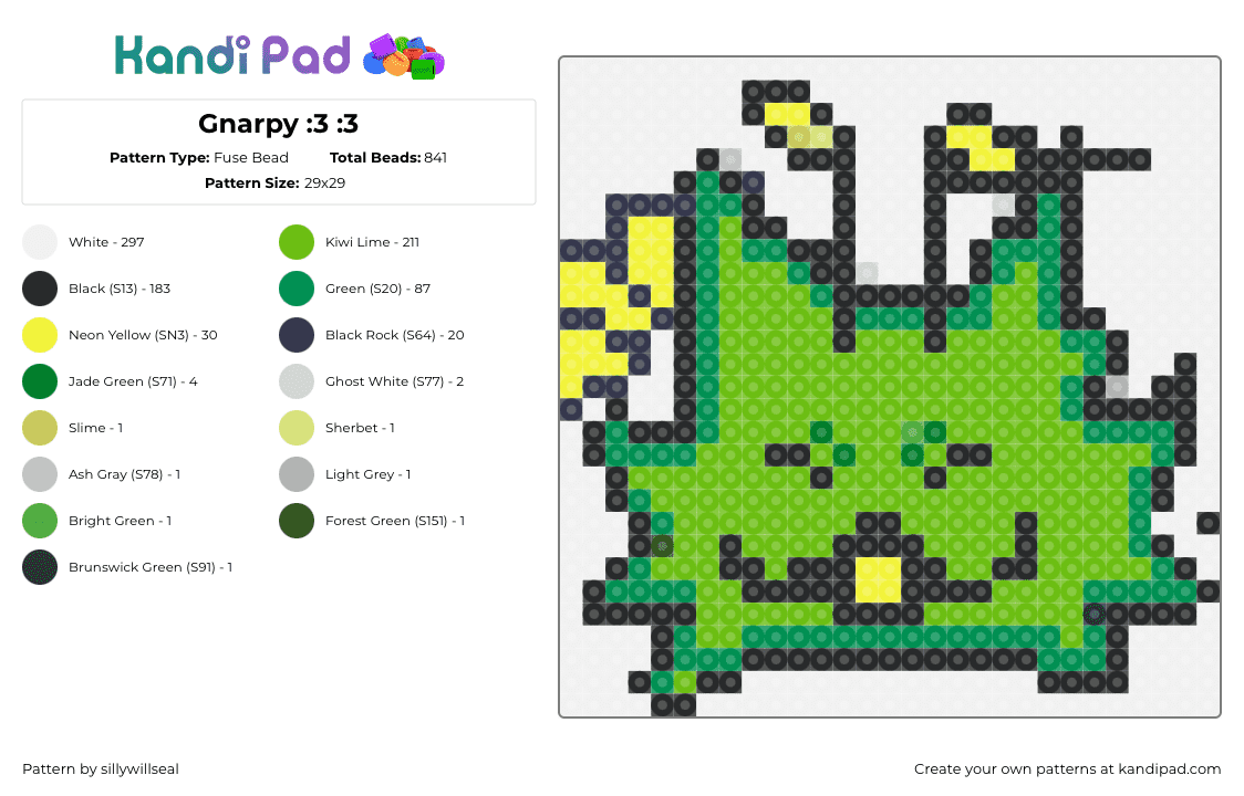 Gnarpy :3 :3 - Fuse Bead Pattern by two on Kandi Pad - white,green