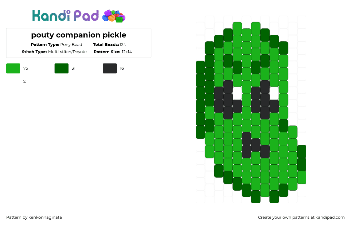 pouty companion pickle - Pony Bead Pattern by kenkonnaginata on Kandi Pad - green,pouty,companion,pickle