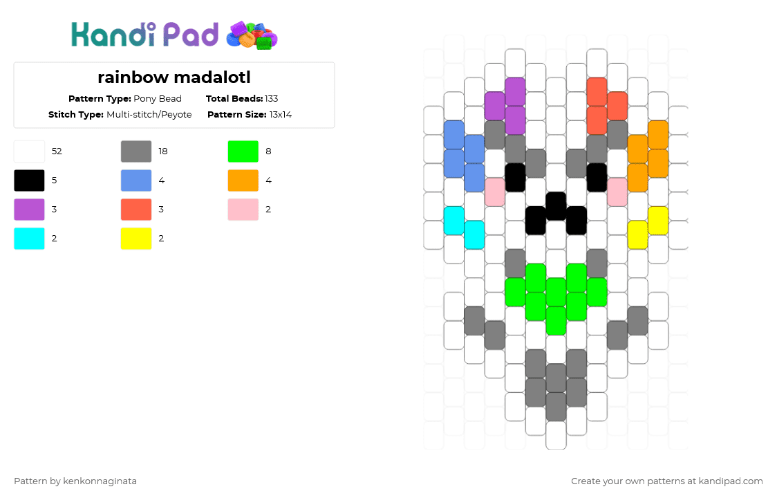 rainbow madalotl - Pony Bead Pattern by kenkonnaginata on Kandi Pad - white,light blue,gray,green,axolotl,rainbow