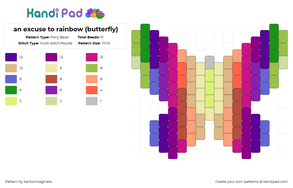 an excuse to rainbow (butterfly) - Pony Bead Pattern by kenkonnaginata on Kandi Pad - purple,beige,yellow,colorful,butterfly,rainbow