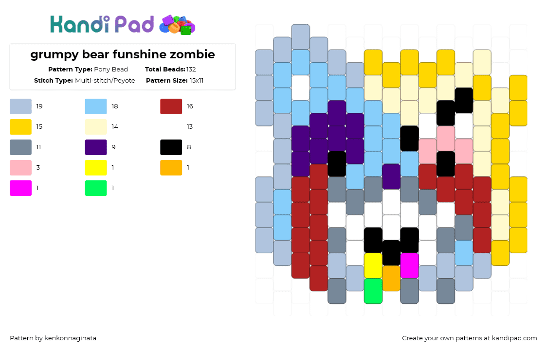 grumpy bear funshine zombie - Pony Bead Pattern by kenkonnaginata on Kandi Pad - light blue,yellow,red,grumpy bear