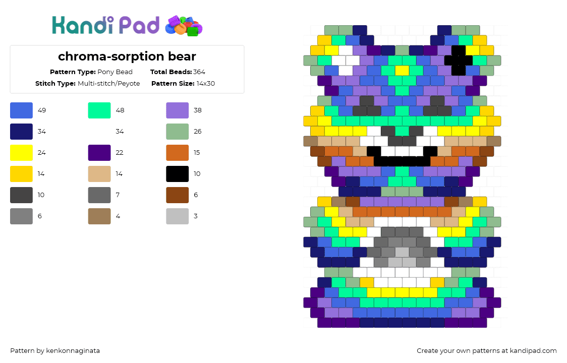 chroma-sorption bear - Pony Bead Pattern by kenkonnaginata on Kandi Pad - teal,purple,yellow,blue,rainbow,bear