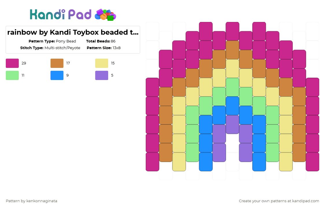 rainbow by Kandi Toybox beaded tutorials - Pony Bead Pattern by kenkonnaginata on Kandi Pad - pink,orange,yellow,rainbow,kanditoybox