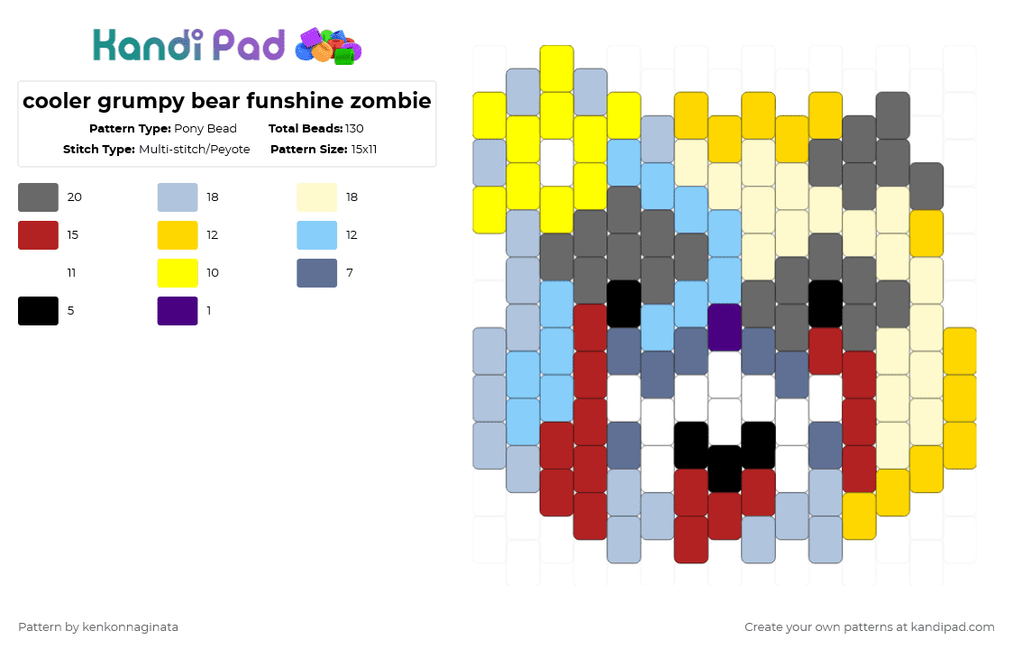 cooler grumpy bear funshine zombie - Pony Bead Pattern by kenkonnaginata on Kandi Pad - light blue,yellow,gray,grumpy bear,funshine,sunny,clouds