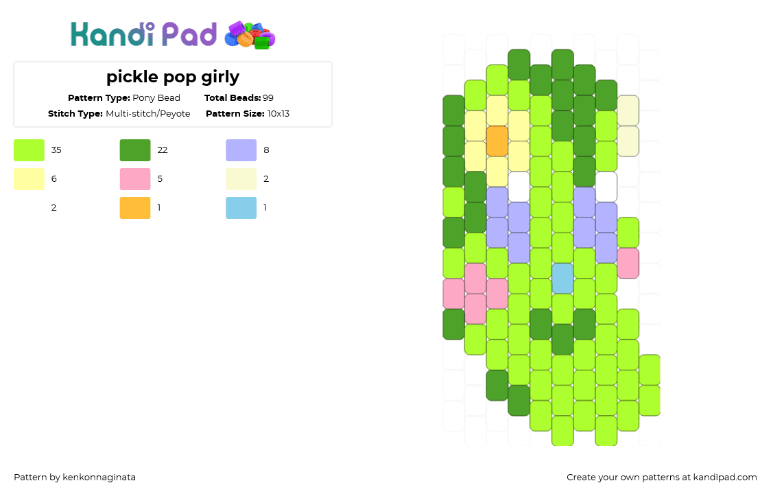 pickle pop girly - Pony Bead Pattern by kenkonnaginata on Kandi Pad - green,girl,skinny,small,pickle