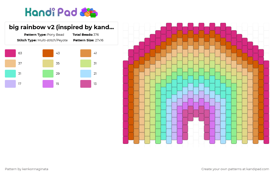 fat gradient rainbow (inspired by kandi toybox\'s design) - Pony Bead Pattern by kenkonnaginata on Kandi Pad - rainbow,big,kanditoybox,pink,orange,yellow,teal