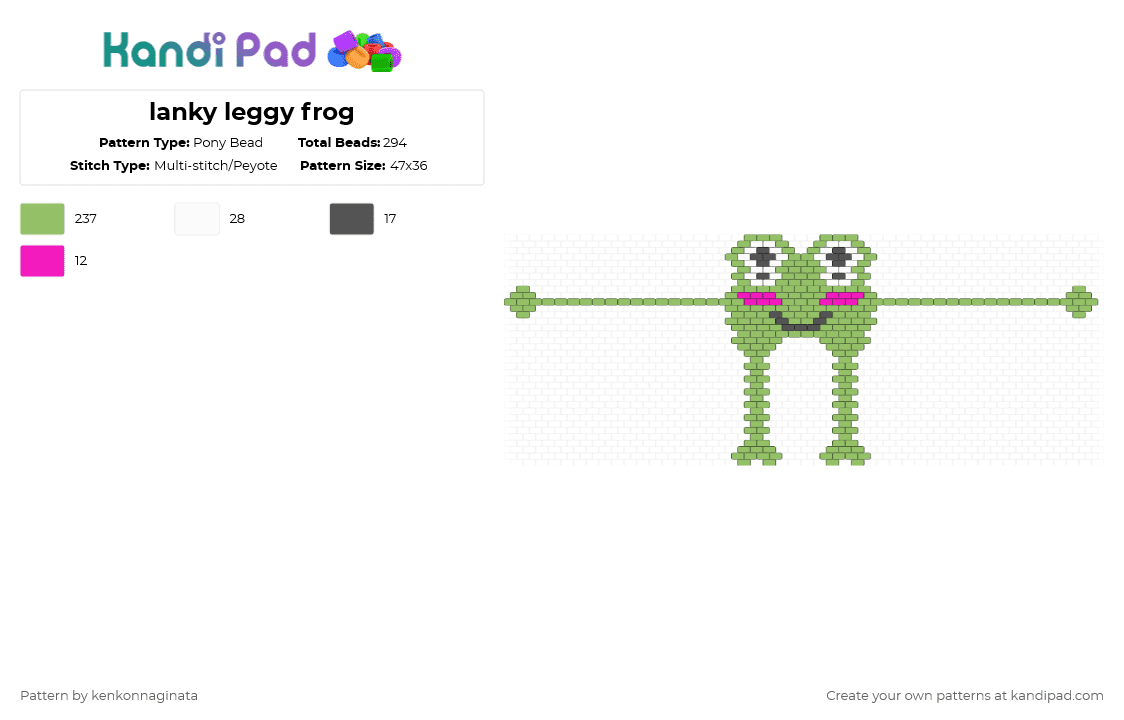 lanky leggy frog - Pony Bead Pattern by kenkonnaginata on Kandi Pad - green,frog,legs,tall,desirable