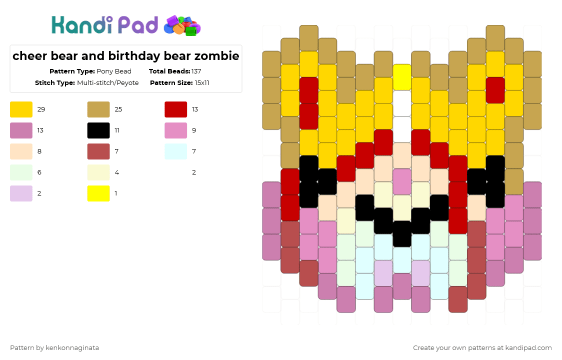 cheer bear and birthday bear zombie - Pony Bead Pattern by kenkonnaginata on Kandi Pad - orange,yellow,red,pink,cheer,birthday,bear,rainbow