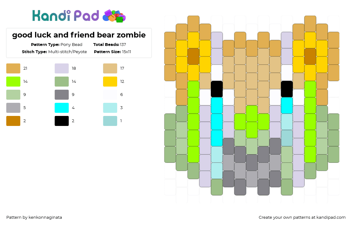 good luck and friend bear zombie - Pony Bead Pattern by kenkonnaginata on Kandi Pad - carebears,good luck,friend,mashup,zombie,head,charm,bear,animal,cartoon,halloween,spooky,orange,beige,green,good luck bear,friend bear,care bear