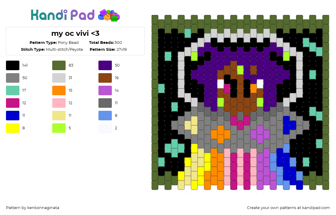 my oc vivi - Pony Bead Pattern by kenkonnaginata on Kandi Pad - purple,gray,pink,gold