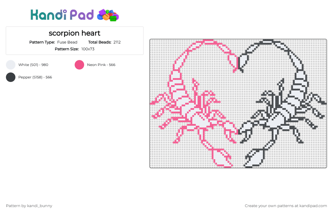 scorpion heart - Fuse Bead Pattern by kandi_bunny on Kandi Pad - pink,white,cotdscorpions,heart,scorpion