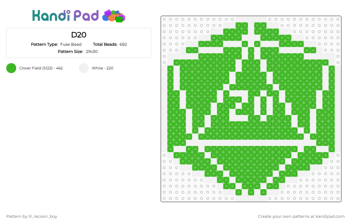 D20 - Fuse Bead Pattern by kandi_bunny on Kandi Pad - d20, dnd, dungeonsanddragons, green, white