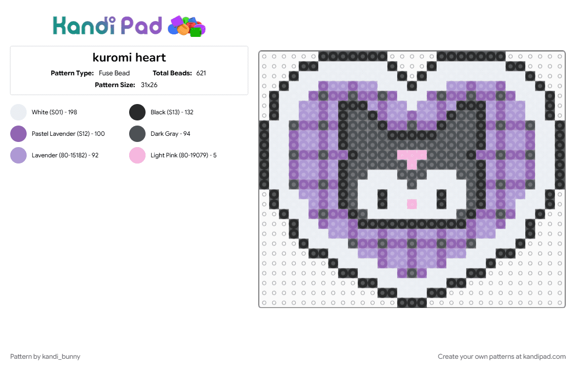 kuromi heart - Fuse Bead Pattern by kandi_bunny on Kandi Pad - character, cute, gray, heart, kuromi, pink, sanrio