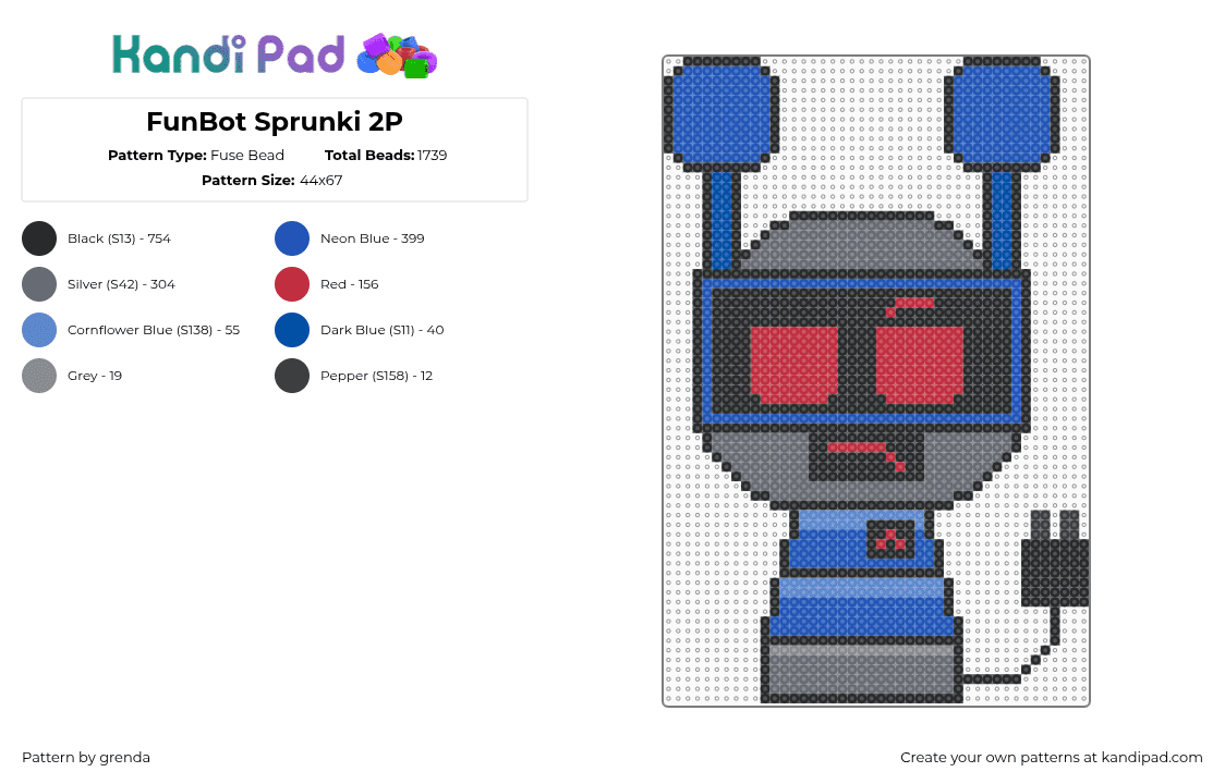FunBot Sprunki 2P - Fuse Bead Pattern by grenda on Kandi Pad - funbot,sprunki,robot,toy,gaming,video game,blue,gray
