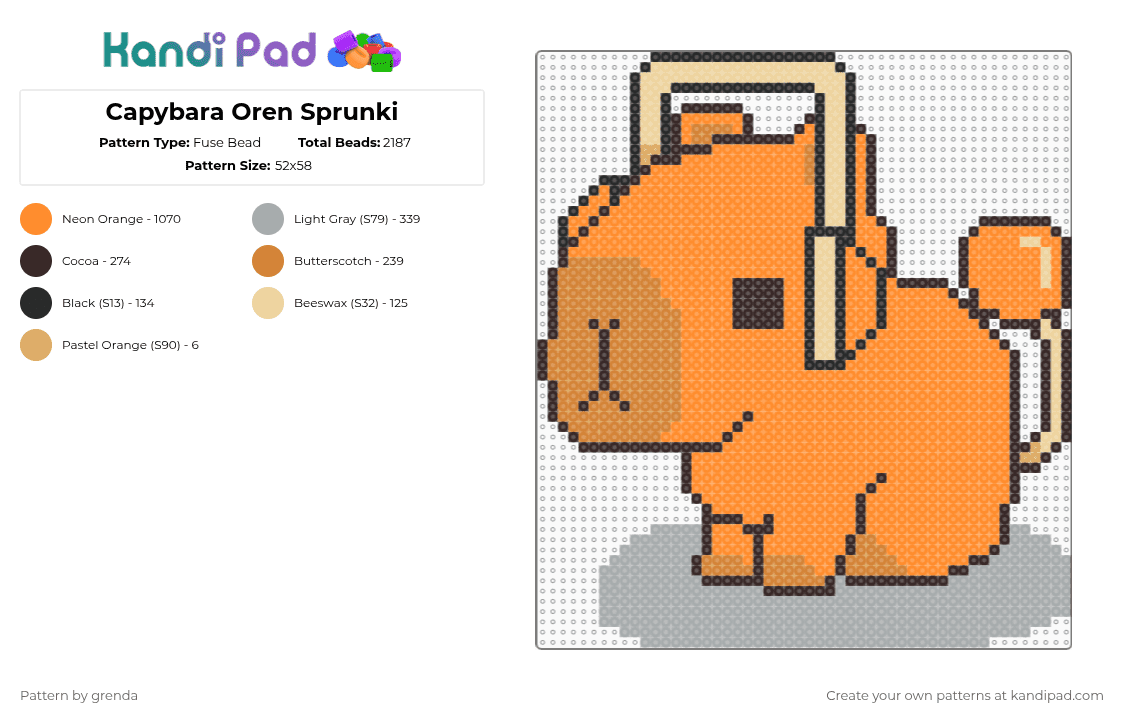 Capybara Oren Sprunki - Fuse Bead Pattern by grenda on Kandi Pad - capybara,oren,sprunki,mashup,animal,rodent,gaming,video game,orange