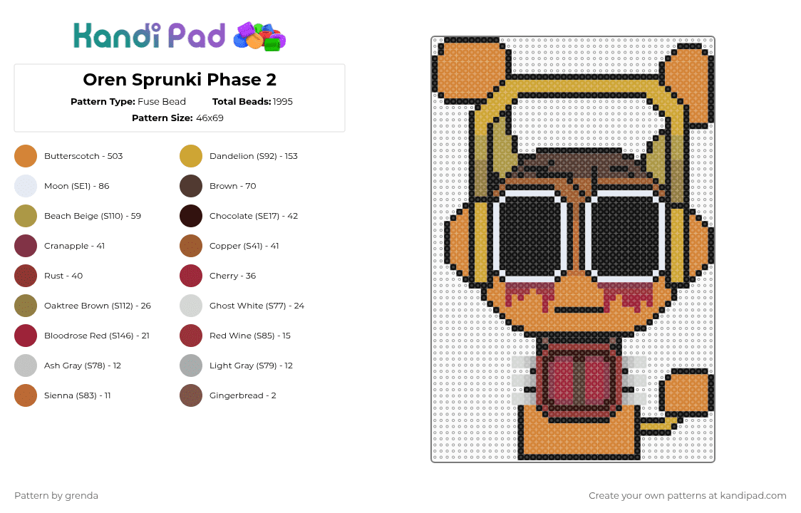 Oren Sprunki Phase 2 - Fuse Bead Pattern by grenda on Kandi Pad - black,brown,orange