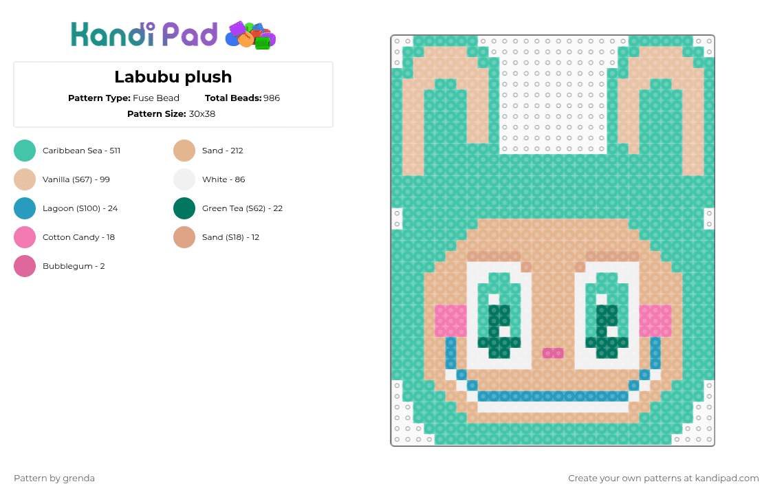 Labubu plush - Fuse Bead Pattern by grenda on Kandi Pad - labubu,plush,animal,dog,beige,teal