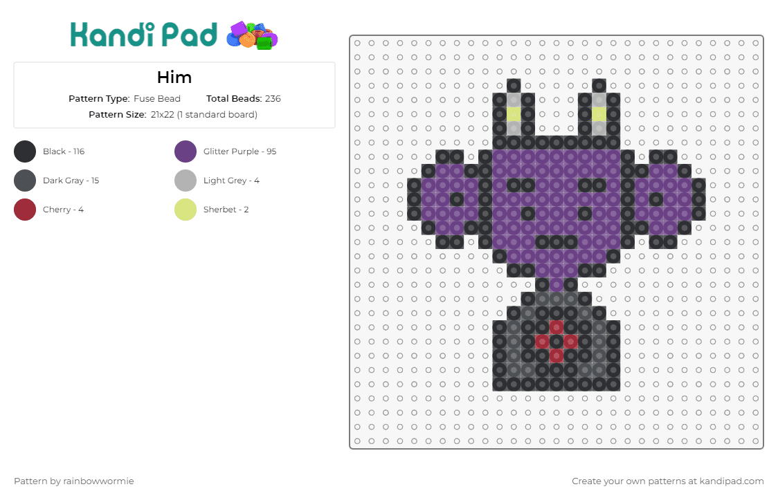 Him - Fuse Bead Pattern by rainbowwormie on Kandi Pad - him,character,whimsical,playful,purple,distinctive,fun,quirky,imagination,personality