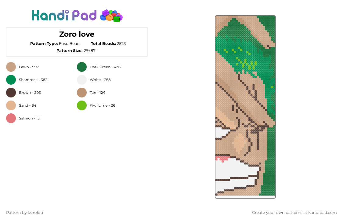 Zoro love - Fuse Bead Pattern by kurolou on Kandi Pad - green,beige,anime,zoro,one piece