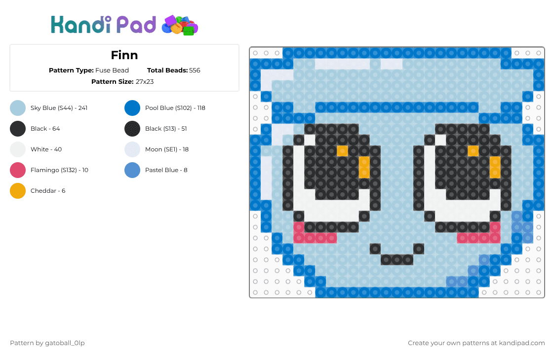 Finn - Fuse Bead Pattern by gatoball_0lp on Kandi Pad - light blue,blue,finn,dandys world,videogame,videojuego,game,juego,roblox,head