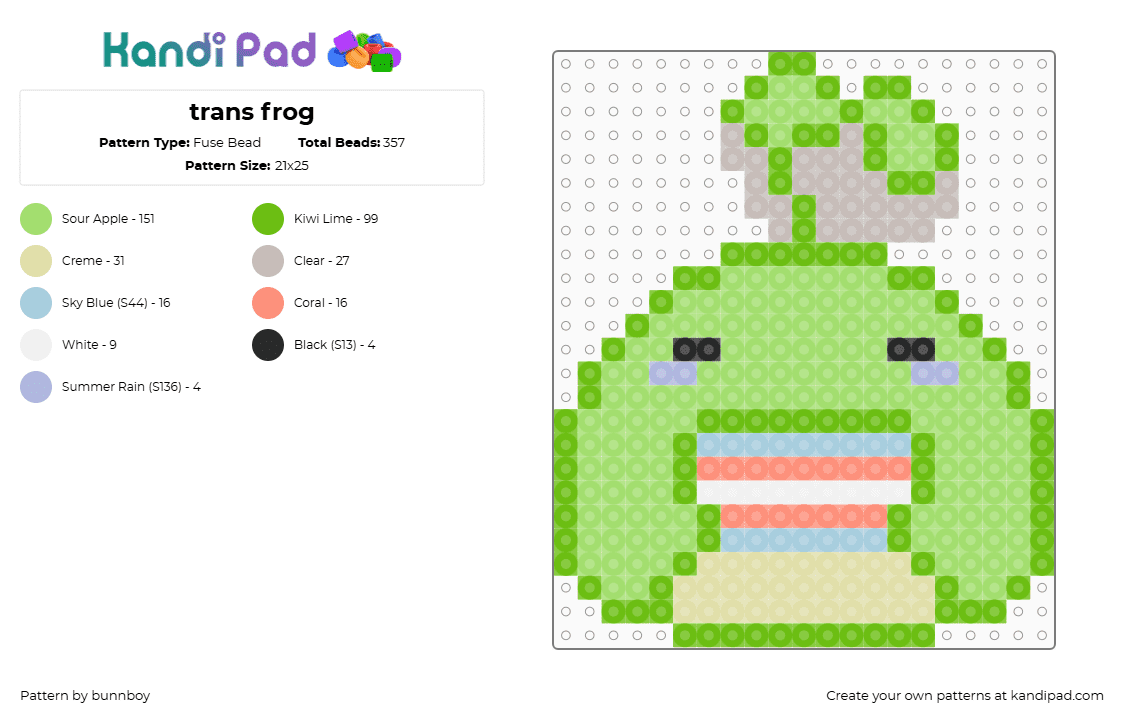 trans frog - Fuse Bead Pattern by bunnboy on Kandi Pad - green