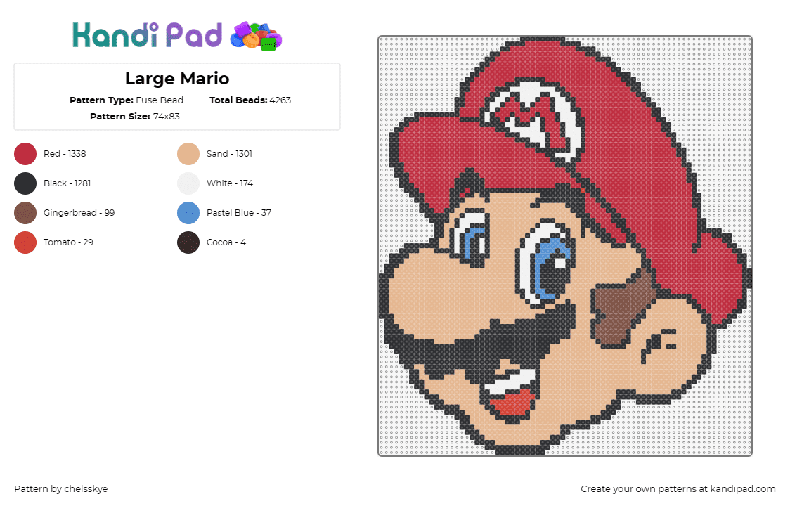 Large Mario - Fuse Bead Pattern by chelsskye on Kandi Pad - super mario,nintendo,video game,plumber,gaming,red,tan