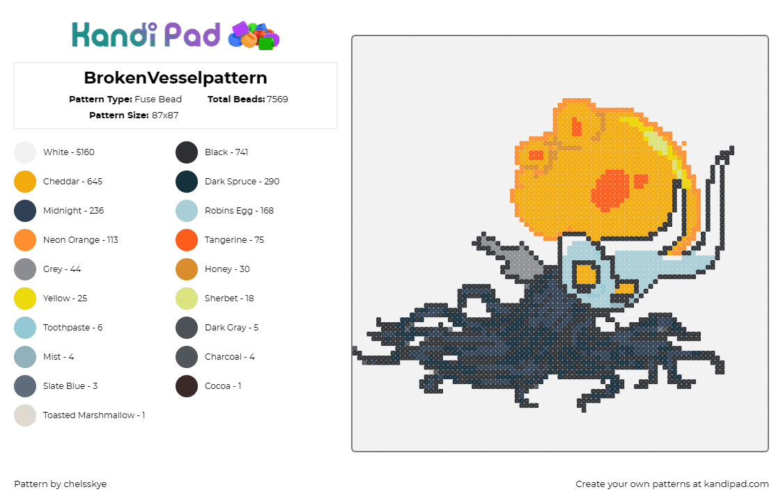 BrokenVesselpattern - Fuse Bead Pattern by chelsskye on Kandi Pad - broken vessel,hollow knight,gaming,adventure,indie game,character,boss,dark,haun